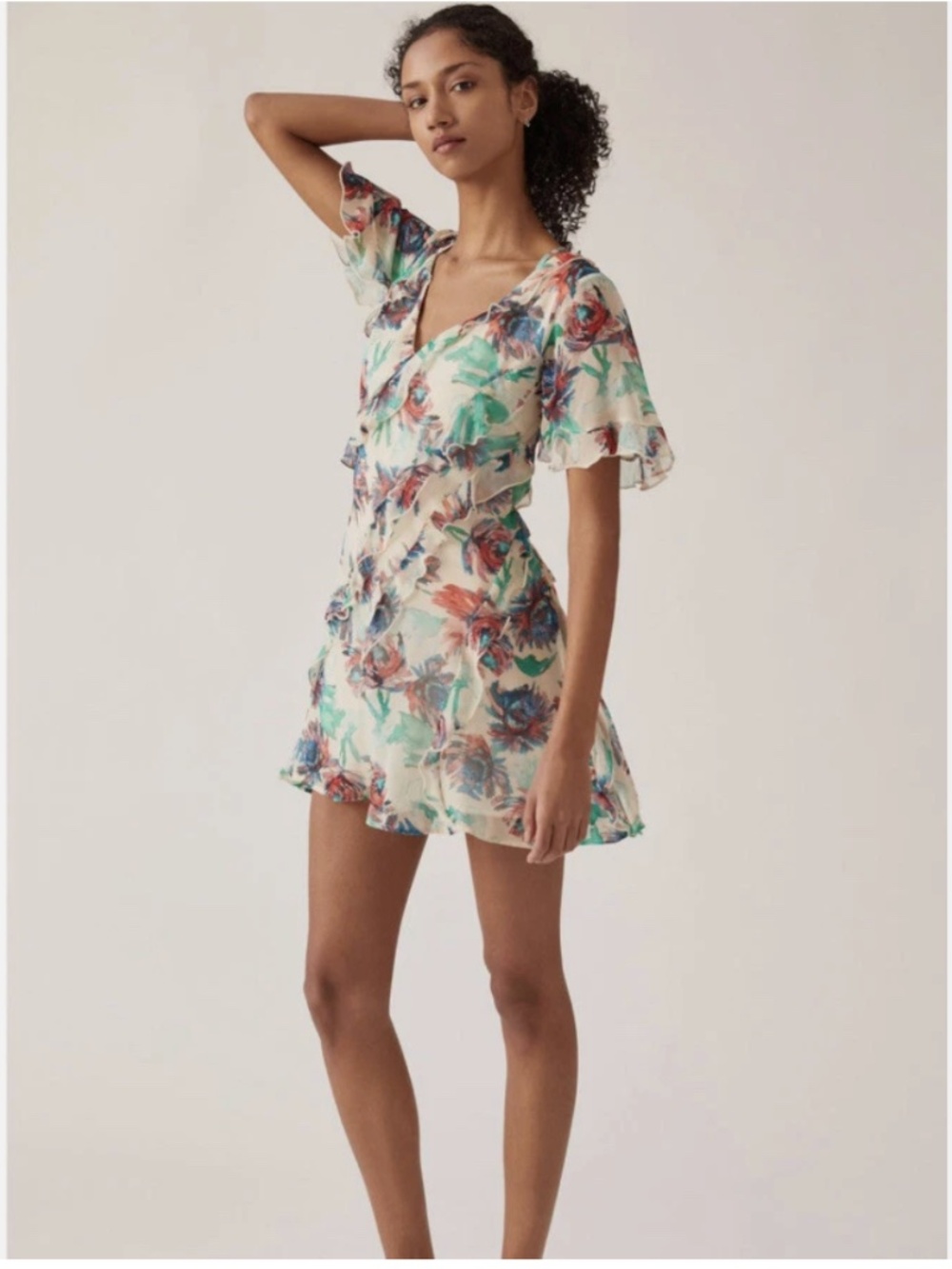 Anthropologie Soft Printed Floral Mini Dress Flutter Sleeves Watercolor Size M